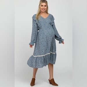 Blue Floral Ruffle Lace Accent  Dress NWT